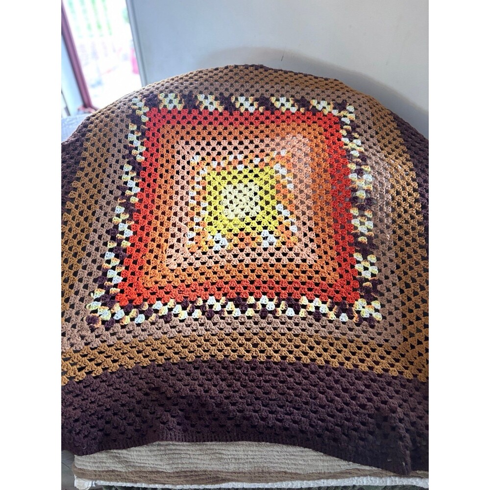 Handmade vintage crochet granny square afghan blanket.
